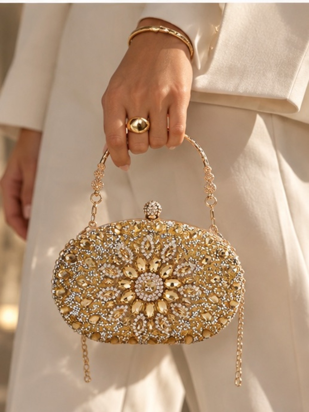Gold Rhinestone Floral Evening Clutch Bag, Elegant Crystal Minaudiere Purse